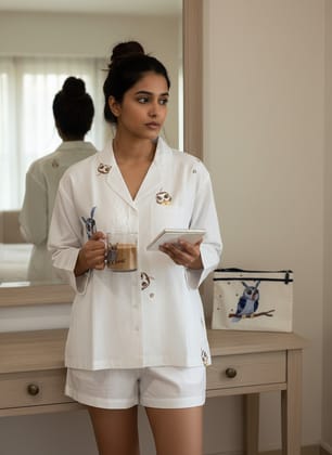 Ivvory Handcrafted Revere Shorts Set (Owl Print, Size XS) | 100% Cotton Co-ord | Hand Embroidered Loungewear