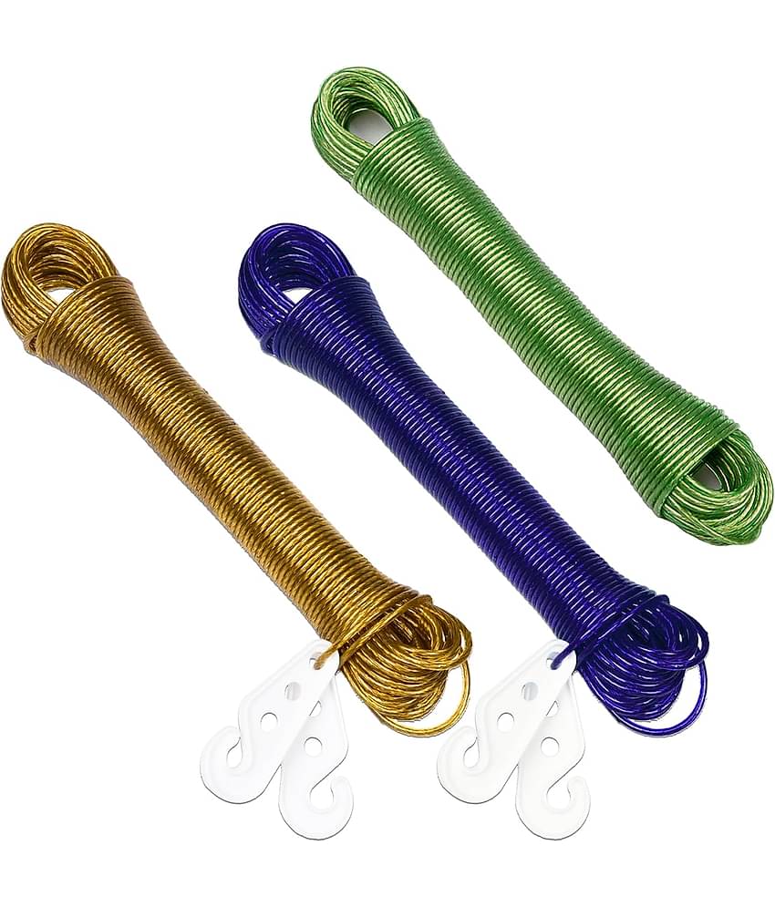 (Pack Of 3) PVC Coated Steel Wire Rope for Drying Clothes/Clothesline, Length 20 Meter with 2 Plastic Hooks