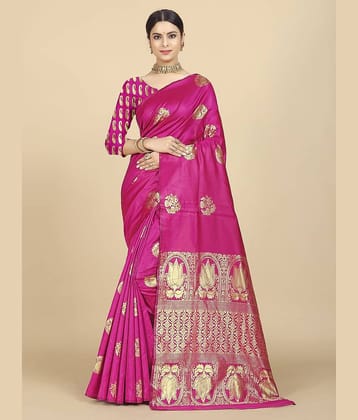 BLEESBURY Banarasi Silk Self Design Saree With Unstitched Blouse Piece ( Pink )