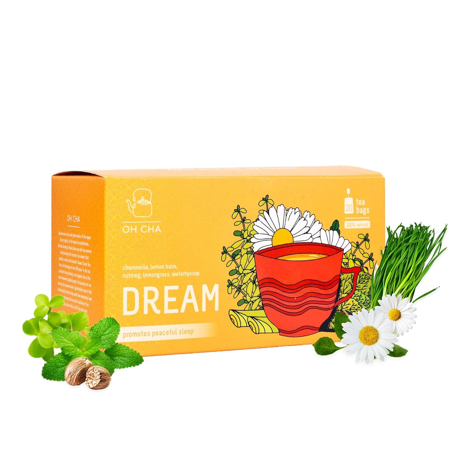 Oh Cha Chamomile Tea Bags, Dream | Natural Sleep Tea with Chamomile, Waterhyssop, Lemon balm, Lemongrass, Nutmeg | 100% Natural Green Tea bags | Chamomile Tea for Sleep, 40 gm - 20 Bags