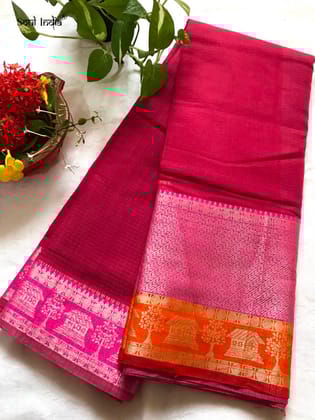 Handloom Kota Doria With Zari Work- Ruby Pink