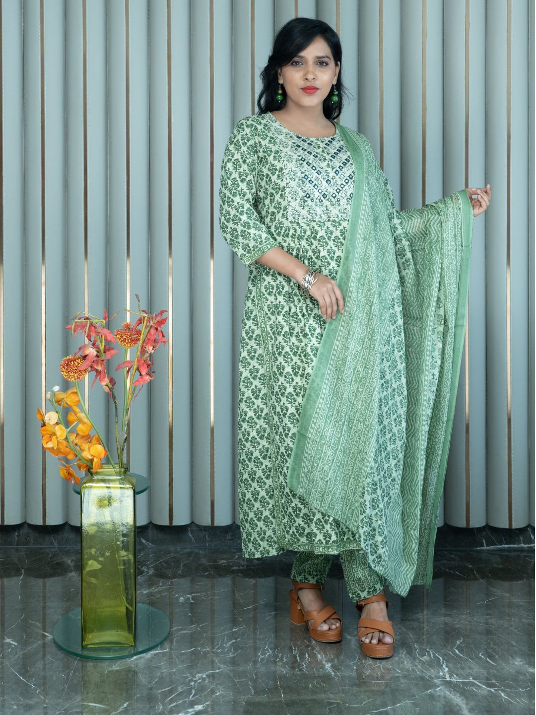 Green Block Print Dupatta Set With Embroidered Yoke-38