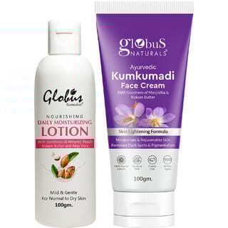 Globus Naturals Velvet Glow Body Care Combo Daily Moisturizing Body Lotion  Kumkumadi Face Cream Combo of 2