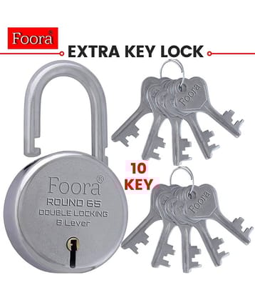 Foora Lock for Home Round 65 Padlock with 10 same Keys and Key Chain 8 Lever Double Locking gate, Shop Shutter Silver Finish