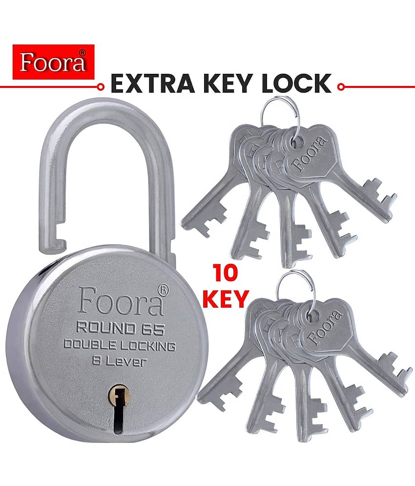Foora Lock for Home Round 65 Padlock with 10 same Keys and Key Chain 8 Lever Double Locking gate, Shop Shutter Silver Finish