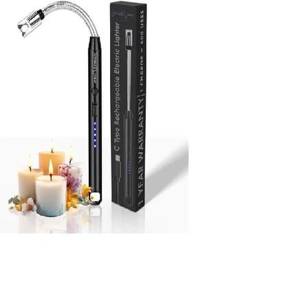 Electric Rechargeable Plasma Gas Lighter for Kitchen, Lighter for Gas Stove, Candles, Pooja, 1 Year Warranty, C-Type USB, Kitchen Tools, Multi Purpose - 360 Flexible & Windproof, Black