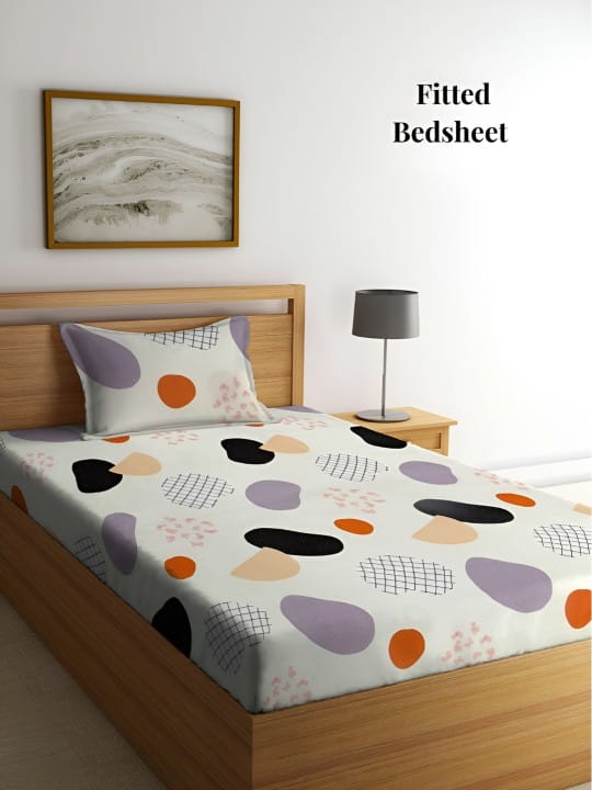 Cream & Black Geometric 300 TC Single Fitted Bedsheet With 1 Pillow Cover