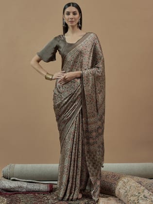 Beige Ajrak Crepe Block Print Sarees