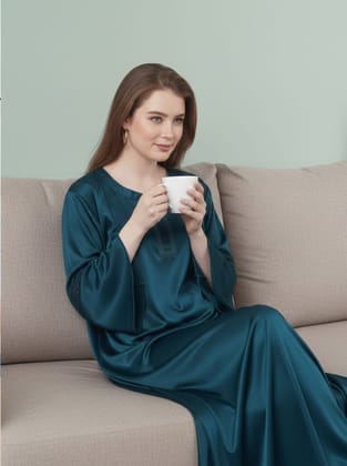 Women’s Full-Length Teal Satin Nighty with Bell Sleeves