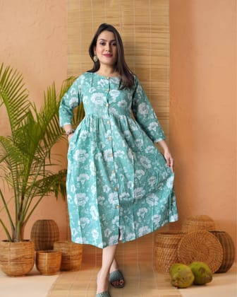 Nazakat Blockprinted Light Blue Cotton Long Dress-36 (S)