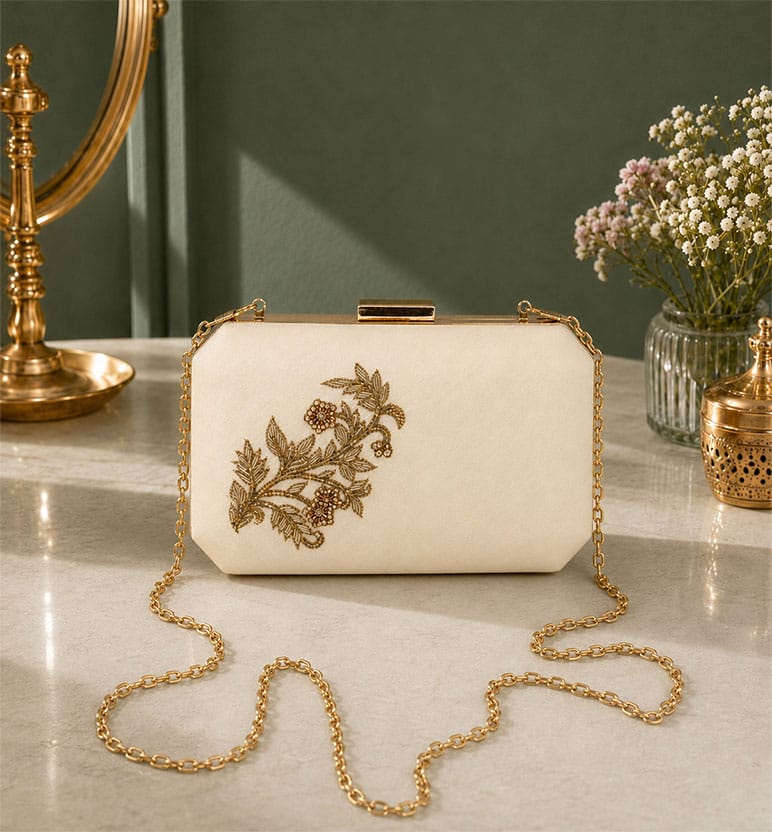 Handcrafted Zari Zardozi Linen Silk Hand Clutch