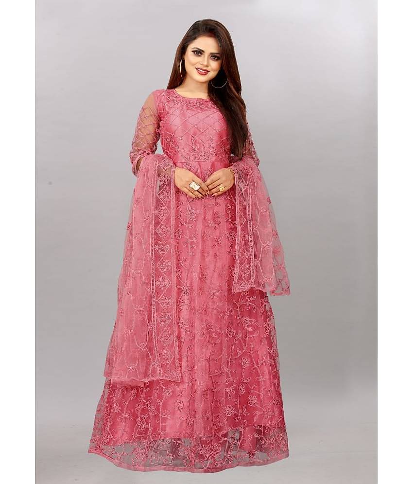 JULEE - Coral Anarkali Net Women's Semi Stitched Ethnic Gown ( Pack of 1 )