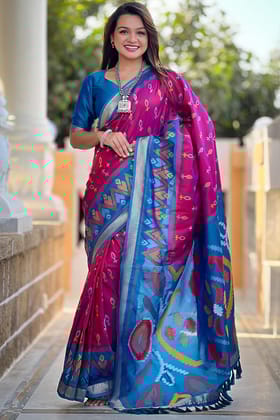 Dark Magenta Ikkat Weaving Soft Silk Saree