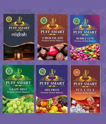 Puff Smart Premium Herbal Hookah Flavour Pack of 6 (Misbah, Chocolate, Bubble Gum, Grape Mint, Mix Fruit, Ice Cola)