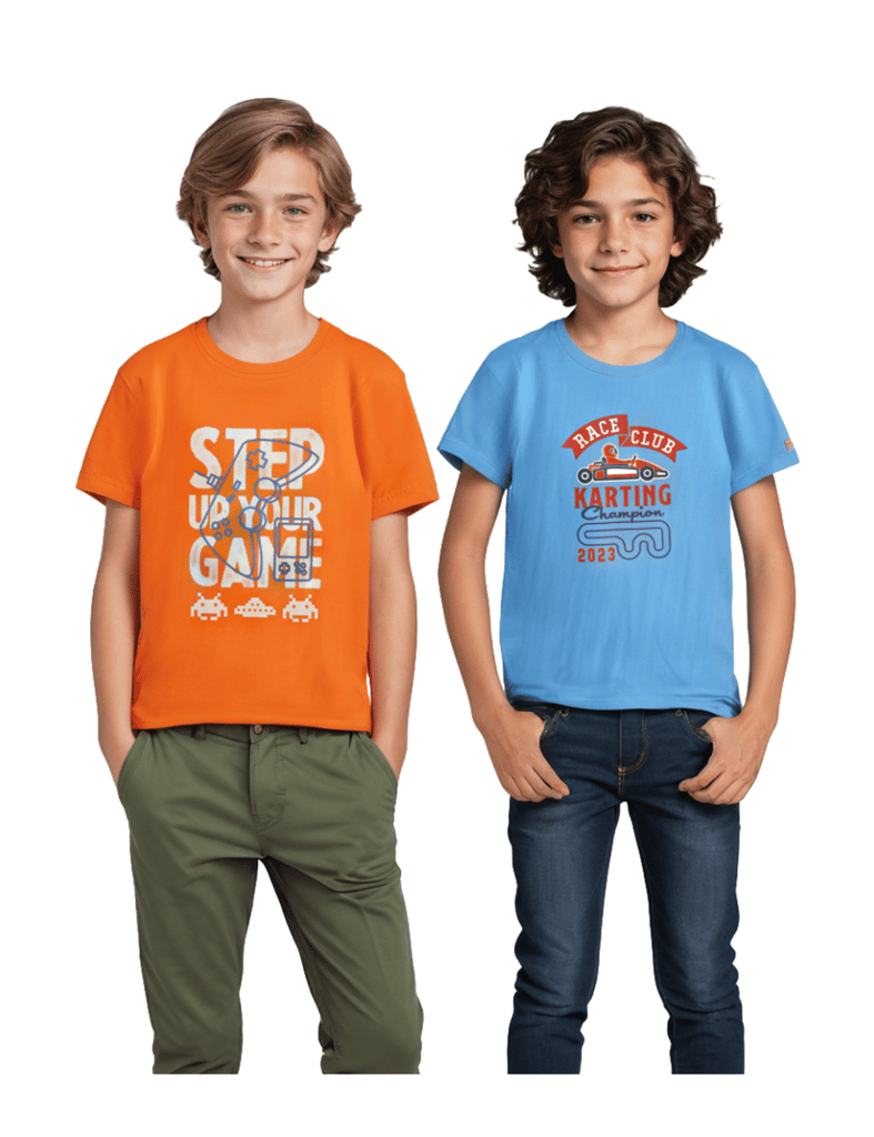 Stylish Kids Boys T-Shirt All Aboard Blue / Scarlet Ibis Orange, Soft Cotton, Ages 7-14 (2pcs pa