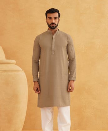 Men's Cotton Embroidered Thread Work Coffee Brown Kurta-40
