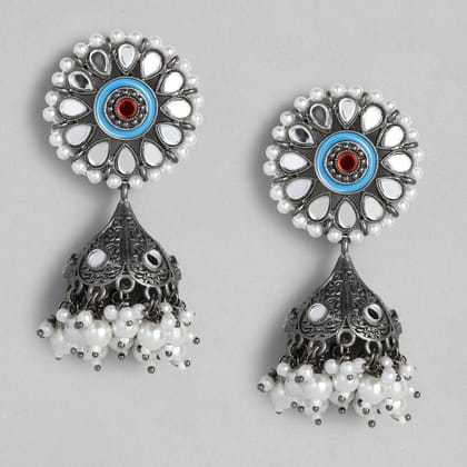 Gunmetal Finish Blue Enamel and Mirror Kundan Jhumki Earrings