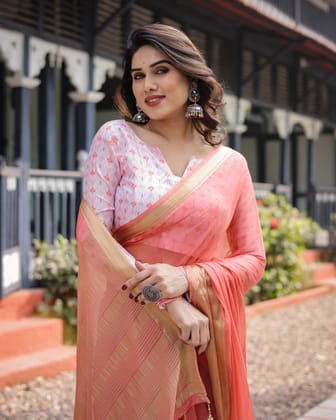 Peach Pink Plain Chiffon Saree with Gold Zari Border, Geometric Printed Blouse & Tassel Detailing-Regular