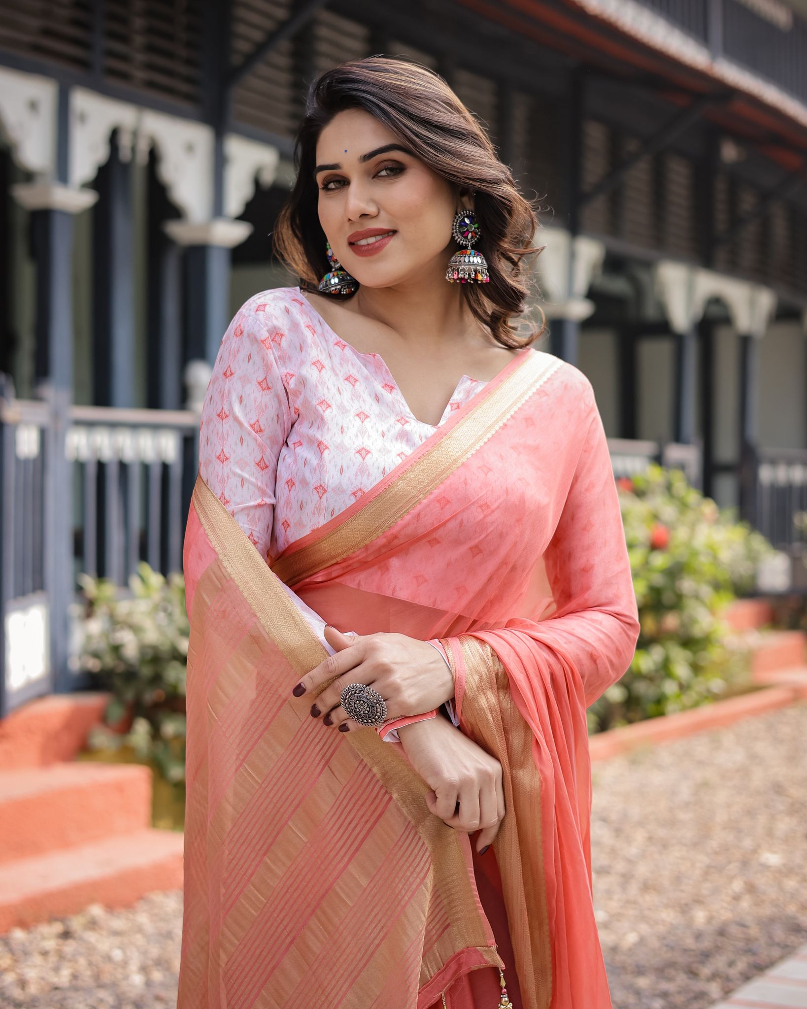 Peach Pink Plain Chiffon Saree with Gold Zari Border, Geometric Printed Blouse & Tassel Detailing-Regular