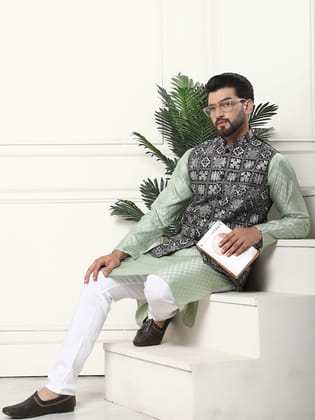 Men's Cotton Linen Self Design Pista Kurta and Cream Pyjama With Embroidered Black Nehru Jacket-36