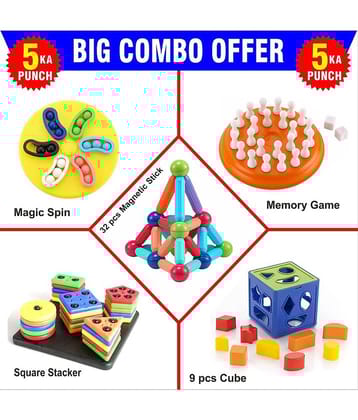 RAINBOW RIDERS Big Combo (32 pcs Magnetic Stick + Mind Game +  Magic Spin + Square Stacker + 9 pcs Cube) Baby Activity Toys For Boys Girls 3,4,5,6+ years