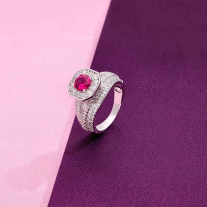 Pave Zircon Studded Pink Solitaire Silver Ring-Pink Stone / Silver / US 5 (15.6 mm Diameter)