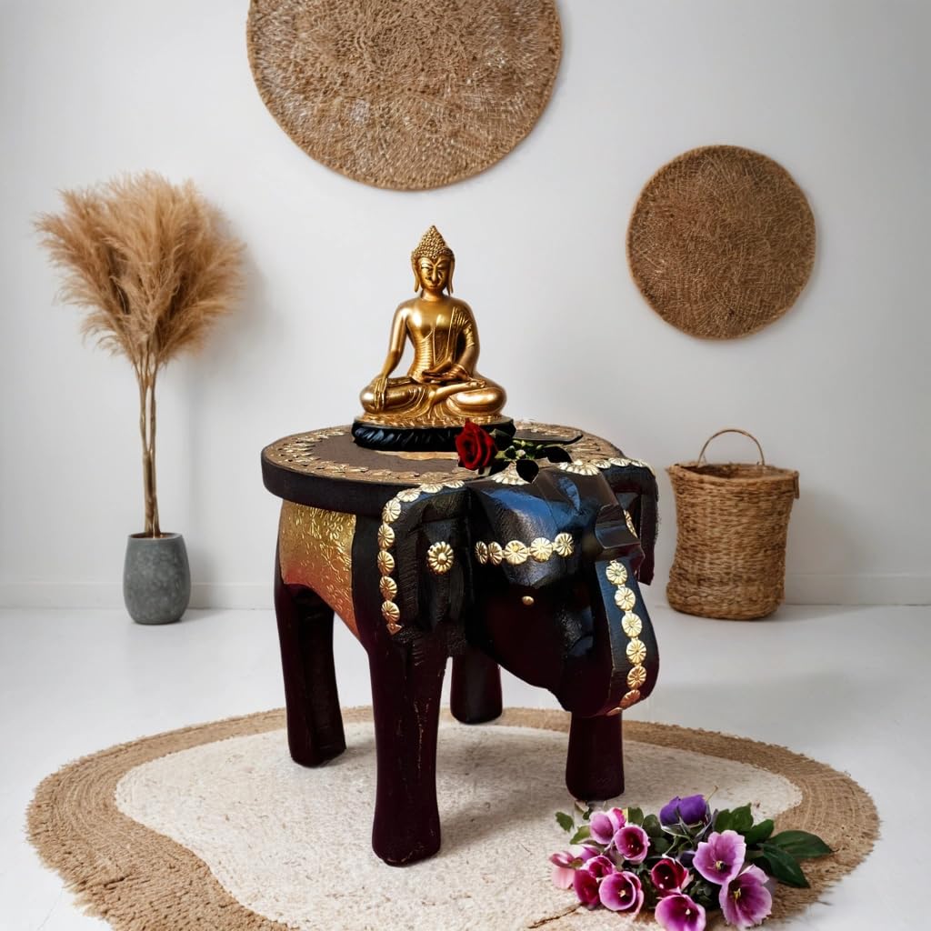 PREET SPICE Handcrafted Wooden Black Elephant Stool Table with Brass Accents, for Home Decor