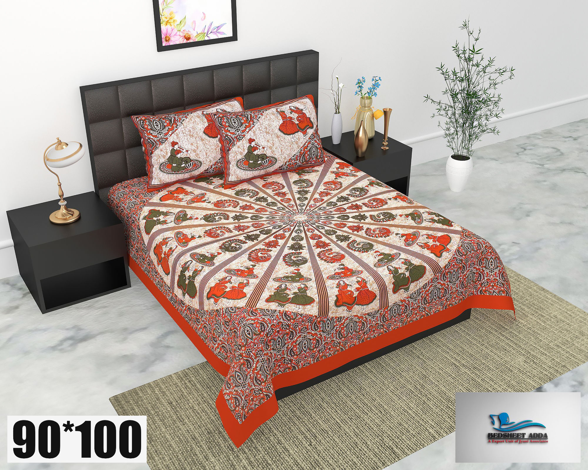 2001-Bedsheet Adda-Pure Cotton Jaipuri Printed Double Bedsheet With 2 Pillow Covers-CARTOON KHATPUTALLI-BROWN