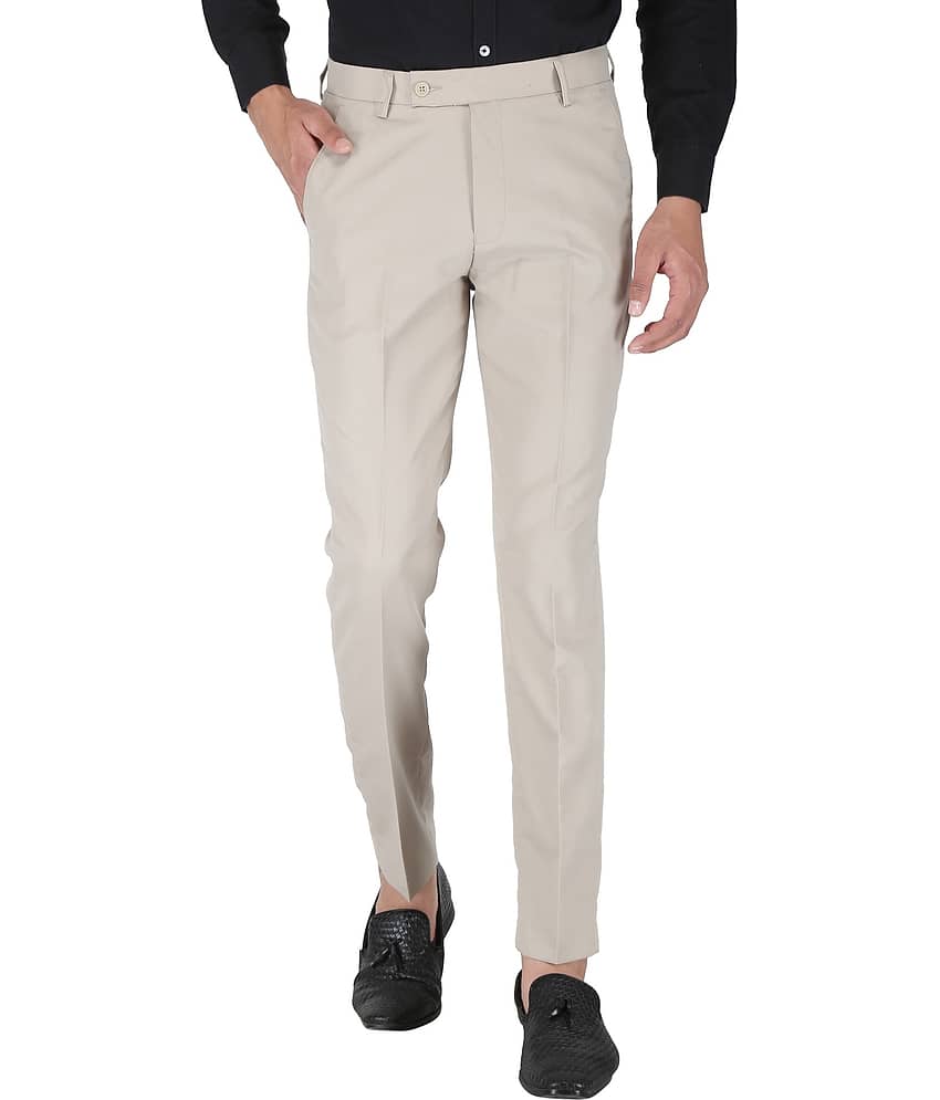 Playerz Poly Blend Slim -Fit Solid Beige Men's Trousers Single Pack