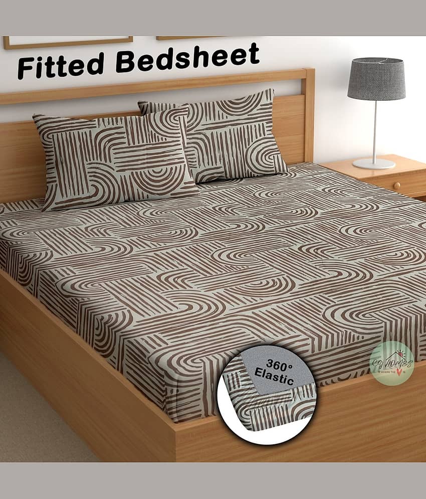 CG HOMES Cotton Abstract Fitted 1 Bedsheet with 2 Pillow Covers ( Double Bed ) - Brown