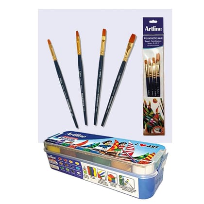Artline Combo Pack with Poster Color Set of 12 Shades Synthetic Hair Round Paint Brush Pack of 4