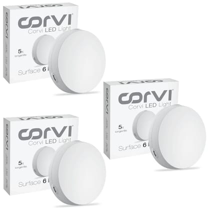 CORVI LED Surface 6 Round 15W | Dimmable & Driverless Ceiling Panel Light | Full Glow, No False Ceiling Required | Slim & Compact |  White 5700K (Pack of 3)