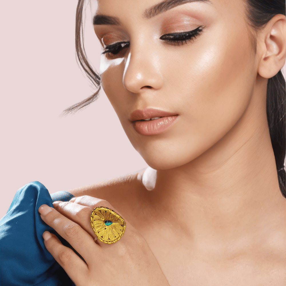 Gold-Plated Sunburst Ring with Green Gemstone