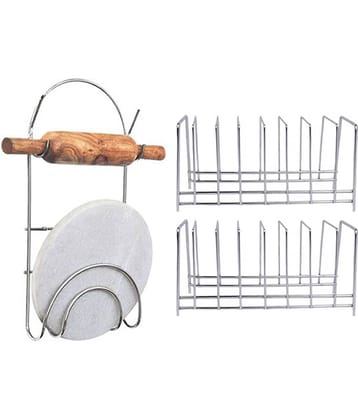 JISUN Stainless Steel Plate Stand / Dish Rack Steel (Pack of 2) & Chakla Belan Stand For Kitchen