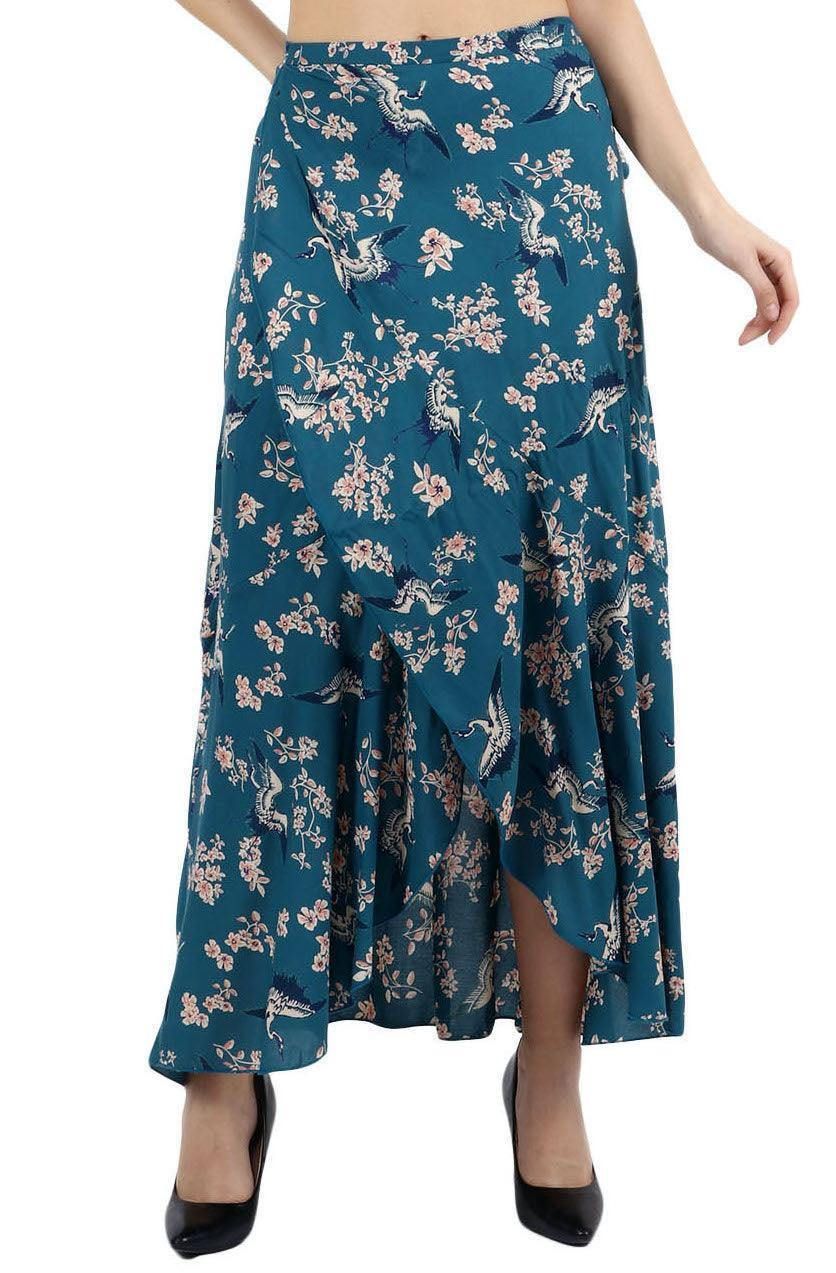 Teal Blue Floral Printed Wrap Around Skirt-L / Blue