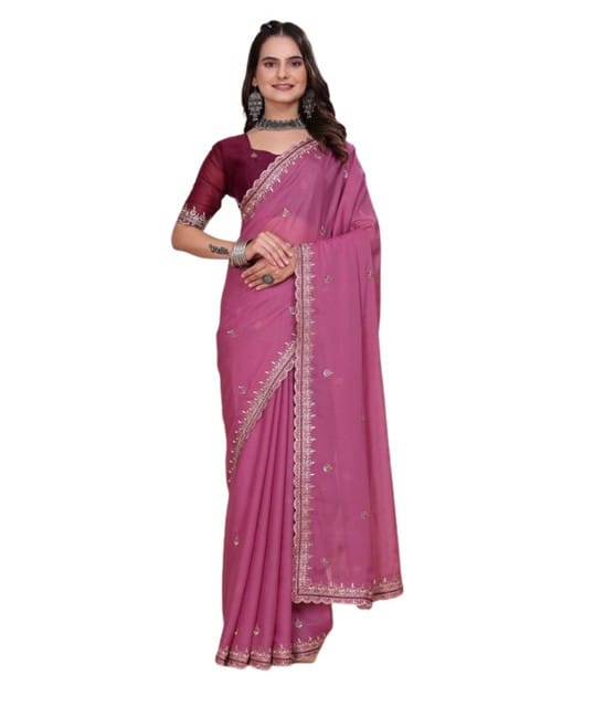 GENERIC Women's Georgette Embellished Saree With Unstitched Blouse 5.5Mtr (Pink)-PID67481