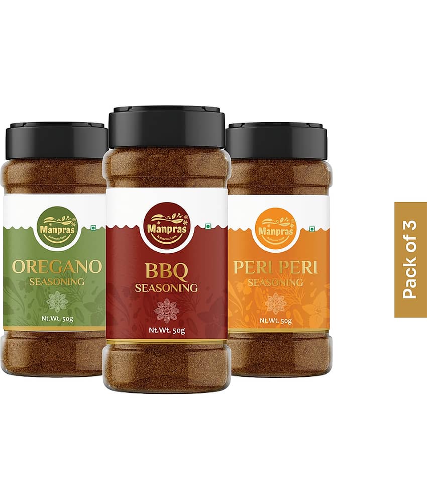 MANPRAS Seasoning Combo PERI PERI - OREGANO - BBQ Pack of 3. 50Gms Each. 150 gm