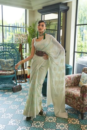 Tea Green Silk Chikankari Sequence Weaving Saree