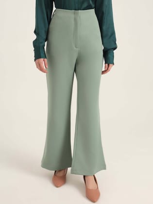 Women'S Luxury Banana Crepe Sage Green Flared Trouser With Slash Pocket-28