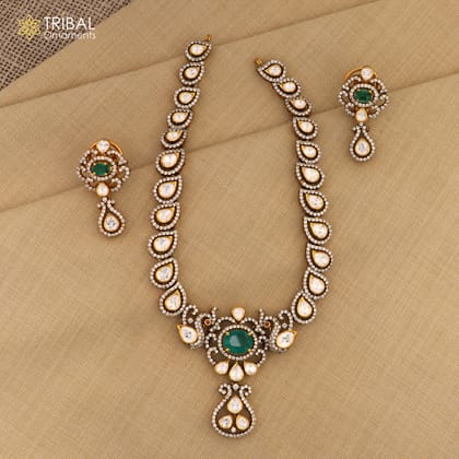 925 sterling silver stylish  white kundan stone polki charm necklace set stylish jewelry set745