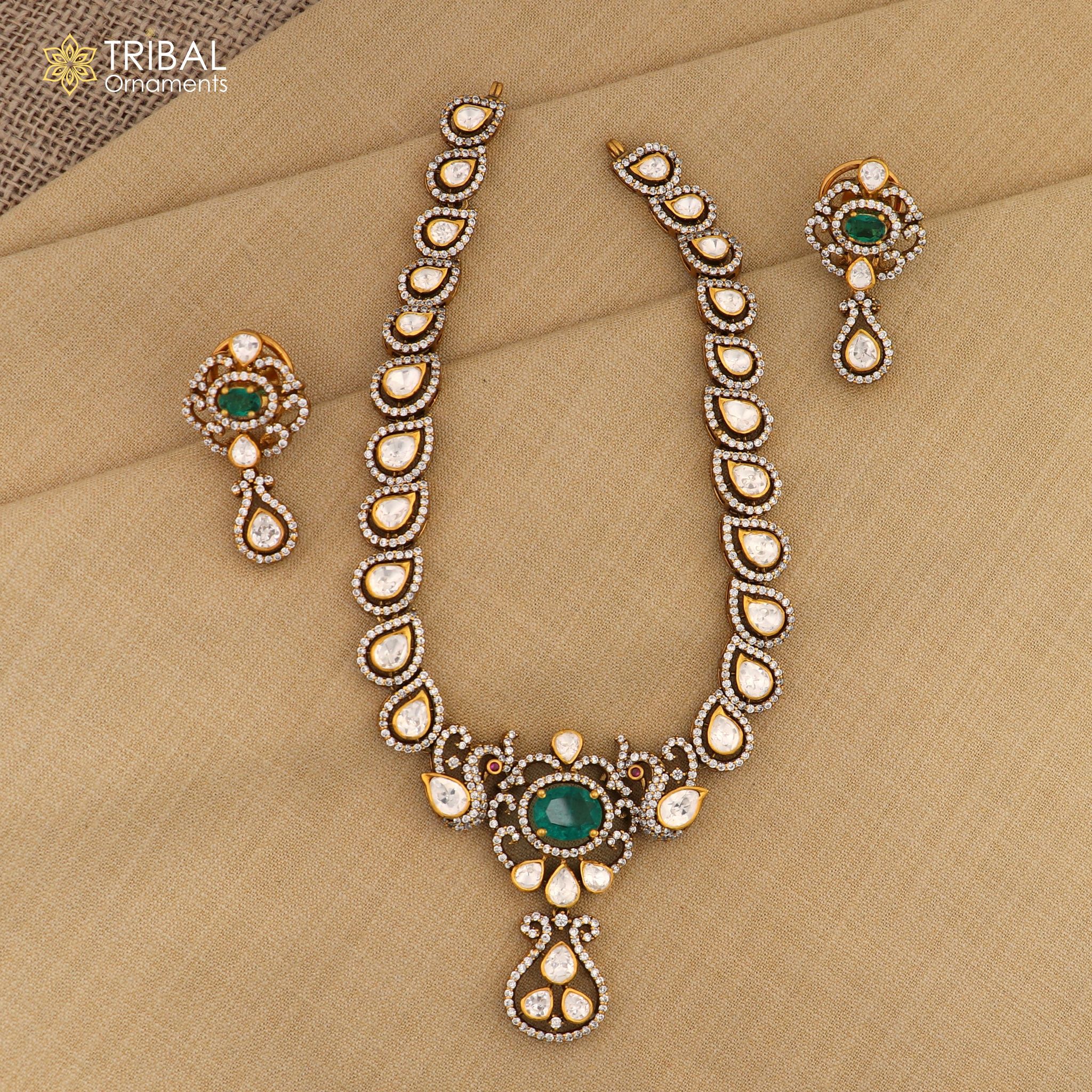 925 sterling silver stylish  white kundan stone polki charm necklace set stylish jewelry set745
