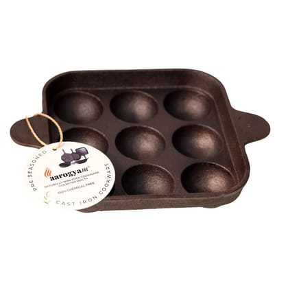 Aarogyam Cast Iron Paniyaram Pan 9 Cavity , Pre-Seasoned 7 inch Diameter (17cm), Naturally Non-stick, Toxin-Free, Gas & Induction Compatible, Weight- 1.4 kg (Colour - Black) by Aarogyam - The Cast Iron Shop