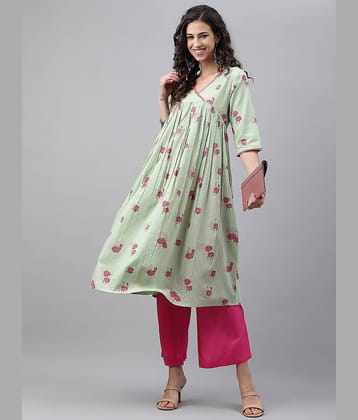 Janasya - Green Cotton Women's Flared Kurti ( Pack of 1 )