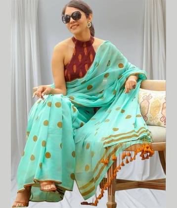 SARADA HANDLOOM Cotton Printed Saree With Unstitched Blouse Piece ( Turquoise )