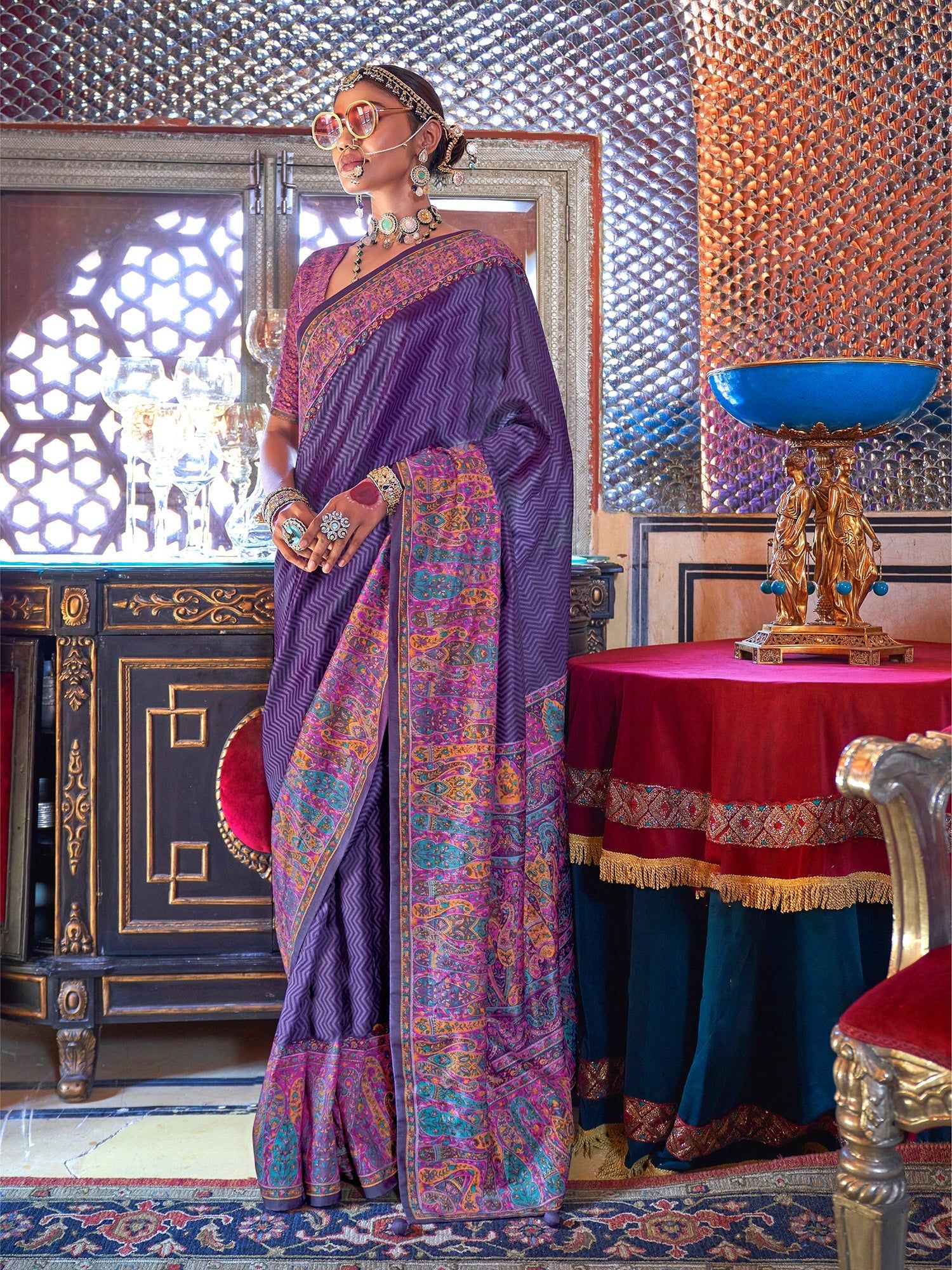 Purple Soft Silk Stripes & Pashmina Printed Saree