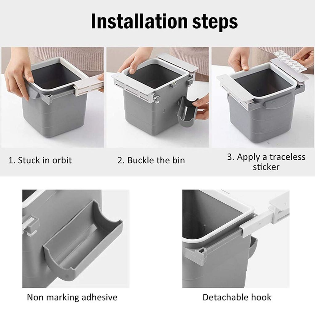 Mini Kitchen Dustbin Hidden Retractable Office Desk Dustbin Mini Trash Can Cabinet Door Trash Holder Adhesive Garbage Waste Dustbin for Home Kitchen, Office, Factory, Car, Bedroom