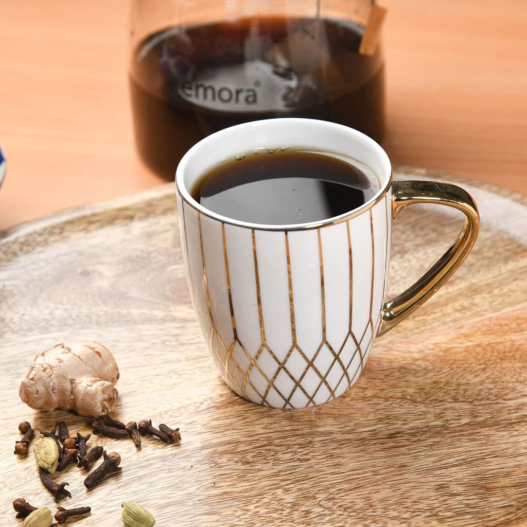 Femora Gloden Branch Pattern Golden Tea Mugs, Ceramic Tea Cups, Coffee Mugs (160 ml, Golden) - 6 Pcs Set