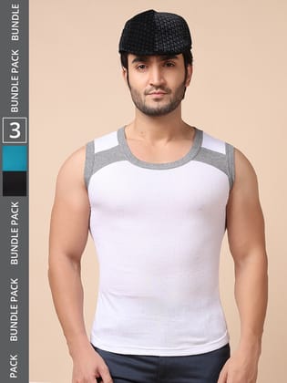 Men's Assorted Pack of 3 Solid Combed Cotton Racerback Styled Gym Vest
