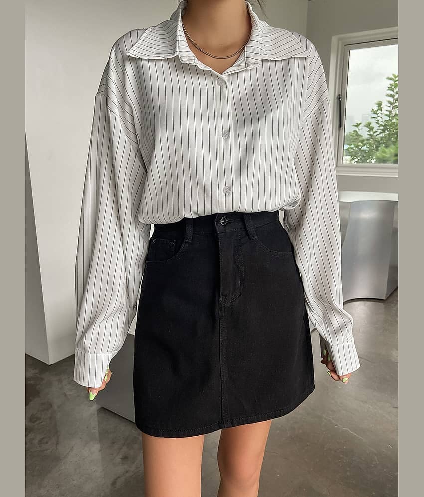 Aahwan Women Striped Polyester Shirt ( White )