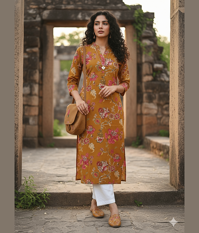 Wonder Weaves Women Cotton Printed Straight Kurti ( Mustard )